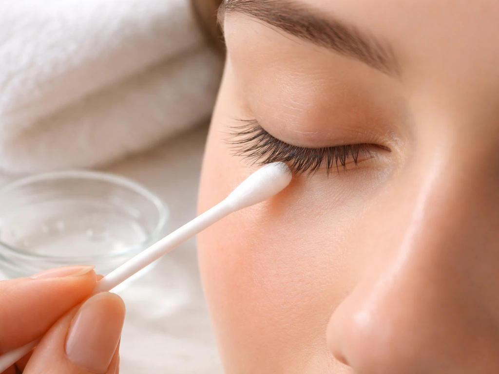 Close-up of hands gently cleaning the lash line with a cotton swab and gentle solution, eye closed.