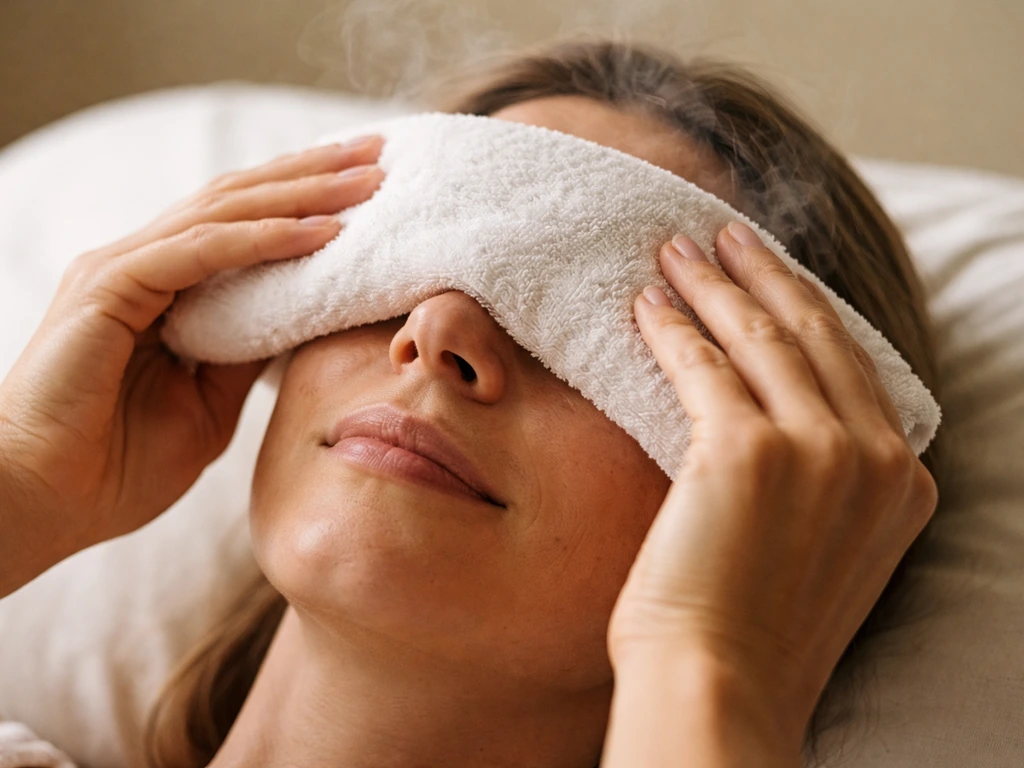 Adult holding a warm compress over closed eyes with clean, soft cloth covering the eyelids.