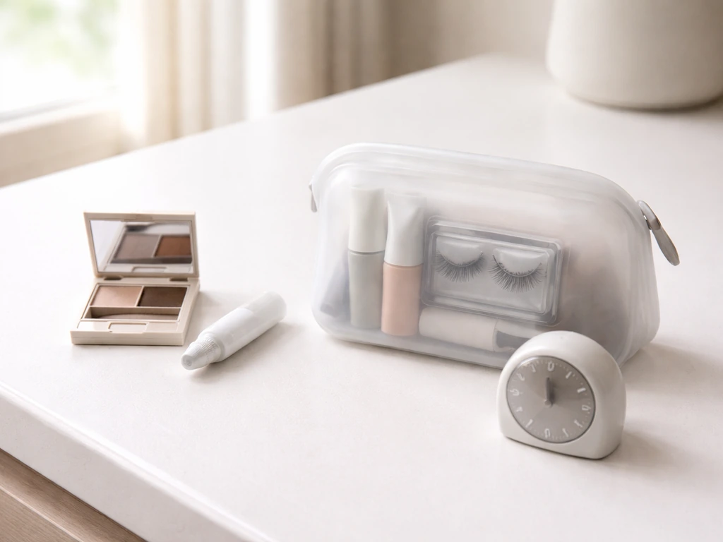 Minimal bathroom countertop scene with eye makeup and lash products set aside beside a small timer.