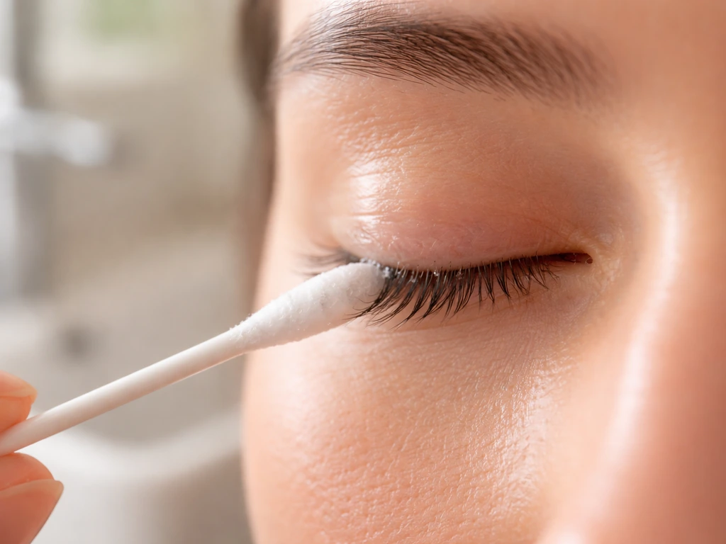 Close-up of a sterile cotton swab gently cleaning the upper lash line with a clean eyelid cleanser