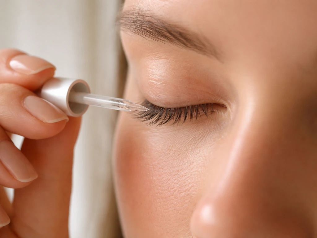 Person applying clear serum along closed upper lash line with a dropper wand, bright bathroom light