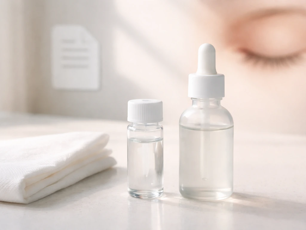 Unlabeled dropper bottle and vial beside a blank note on a countertop, hinting at prescription eyelash treatment.