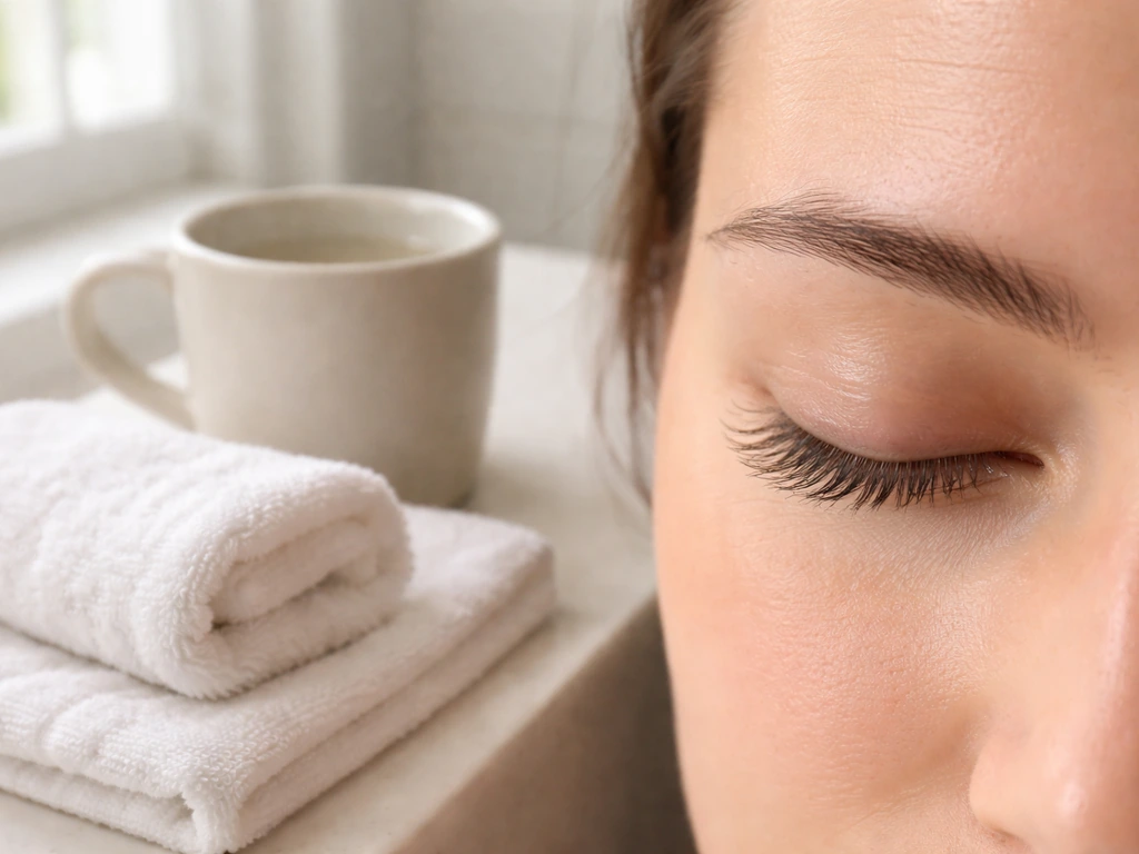 Anonymous eyelid close-up with a clean lash line and warm compress on a towel beside plain mug of water.