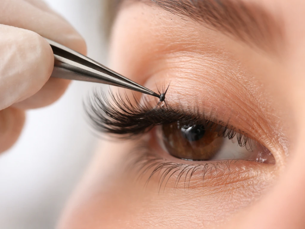 Close-up of an eyelash extension being gently attached to natural lashes with glue at the base