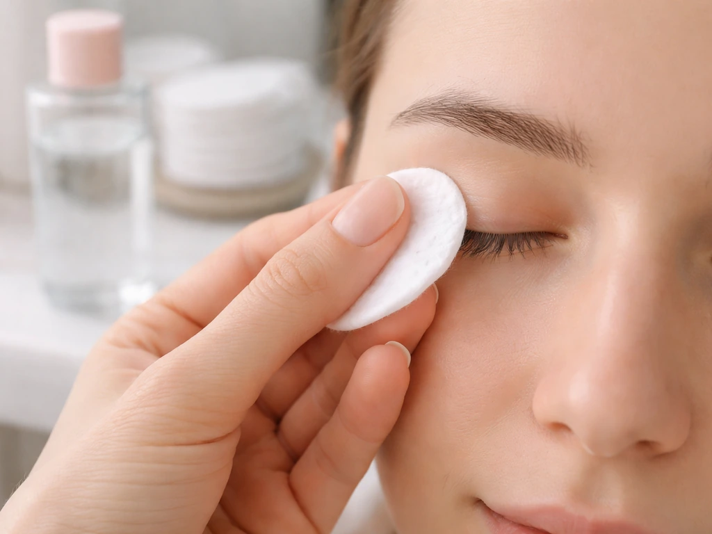 Hands applying micellar water to a cotton pad for gentle lash cleaning at home