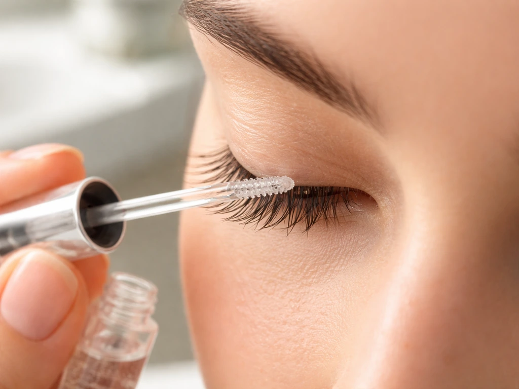 Close-up of a wand applying conditioning lash serum along the lash line, not the lash tips.