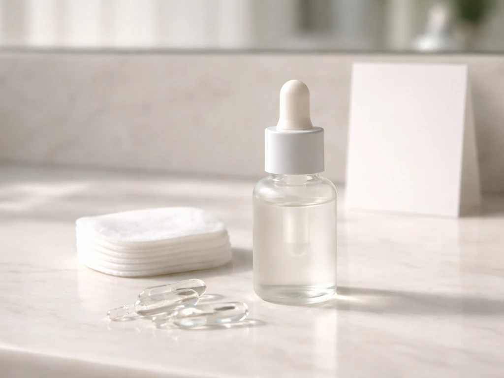 Frosted dropper bottle for eyelash treatment beside cotton pad and clear gel items on a clean vanity.