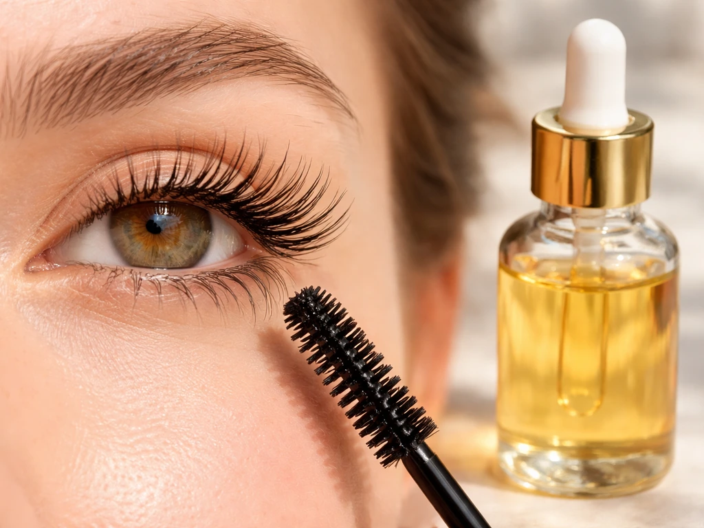 Close-up of eyelashes with a lash brush and a small dropper bottle of golden sunflower oil.