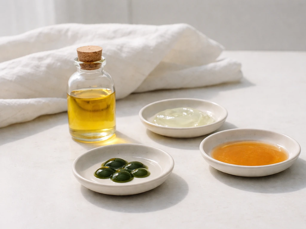Minimal countertop scene showing sunflower oil bottle beside small dishes of other lash-growth ingredients