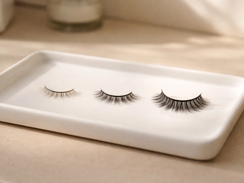 Minimal close-up of false lashes on a clean counter, with subtle staged look suggesting weekly progress.