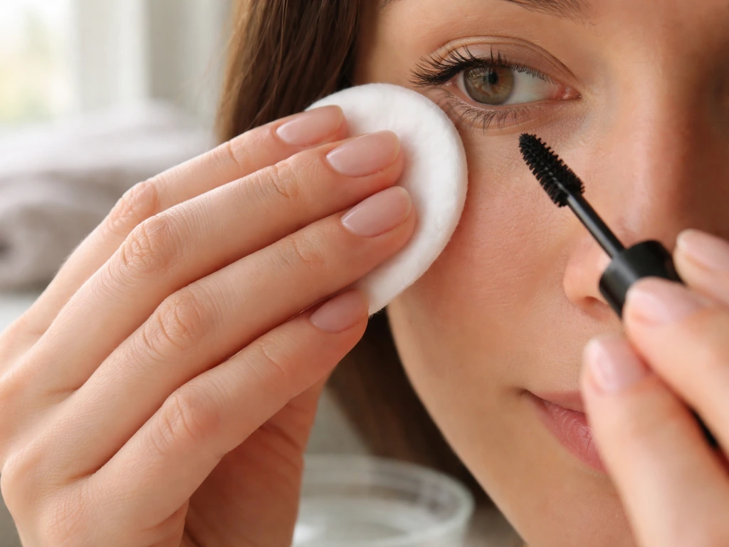 Person’s fingertips gently holding a damp cotton pad at the lower lash line for a morning rinse