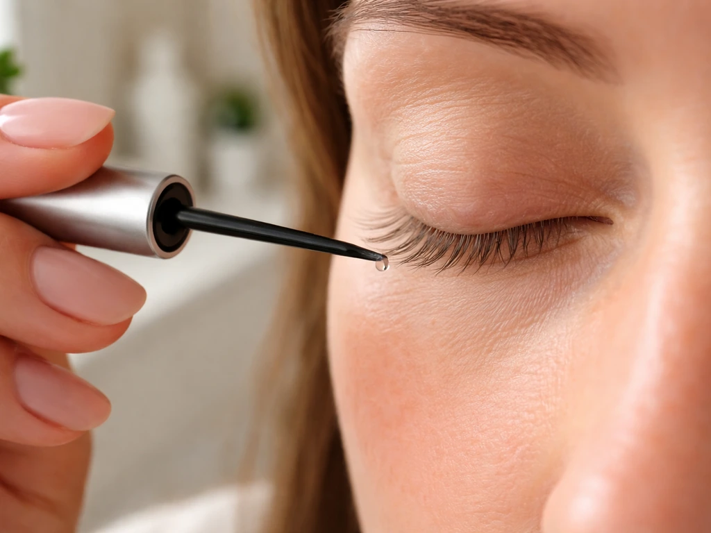 Close-up of a precision brush applying a tiny amount of serum to the dry lower lash line safely.