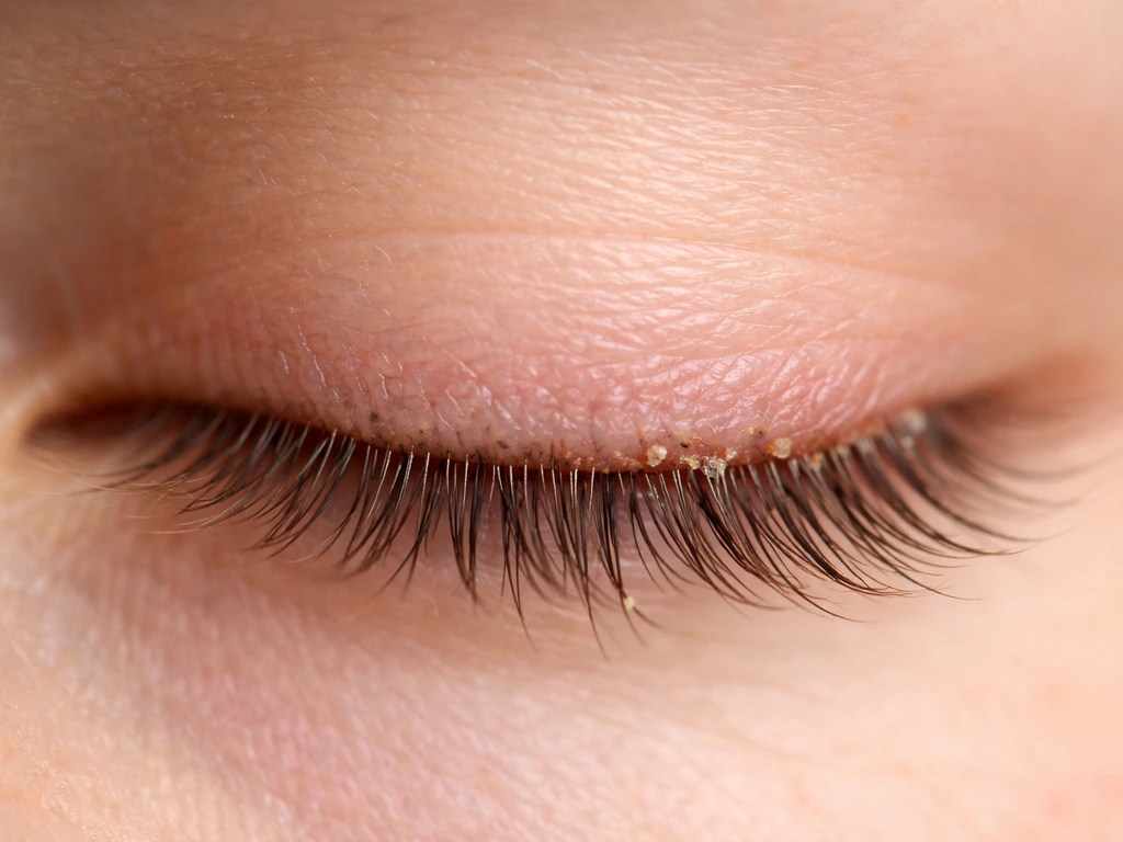 Closeup of an eyelid margin with lash-line flaking and redness, with a calmer adjacent area for contrast.