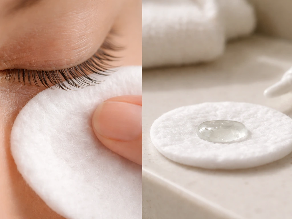Close-up of cotton pads applying micellar remover near the lash line, next to a soothing routine item.