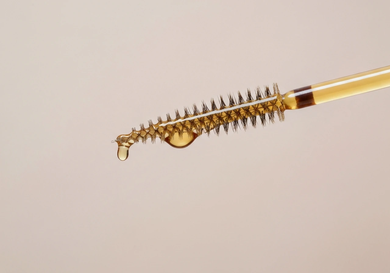 Close-up eyelashes with a clean mascara wand applying castor oil for gradual growth over weeks.