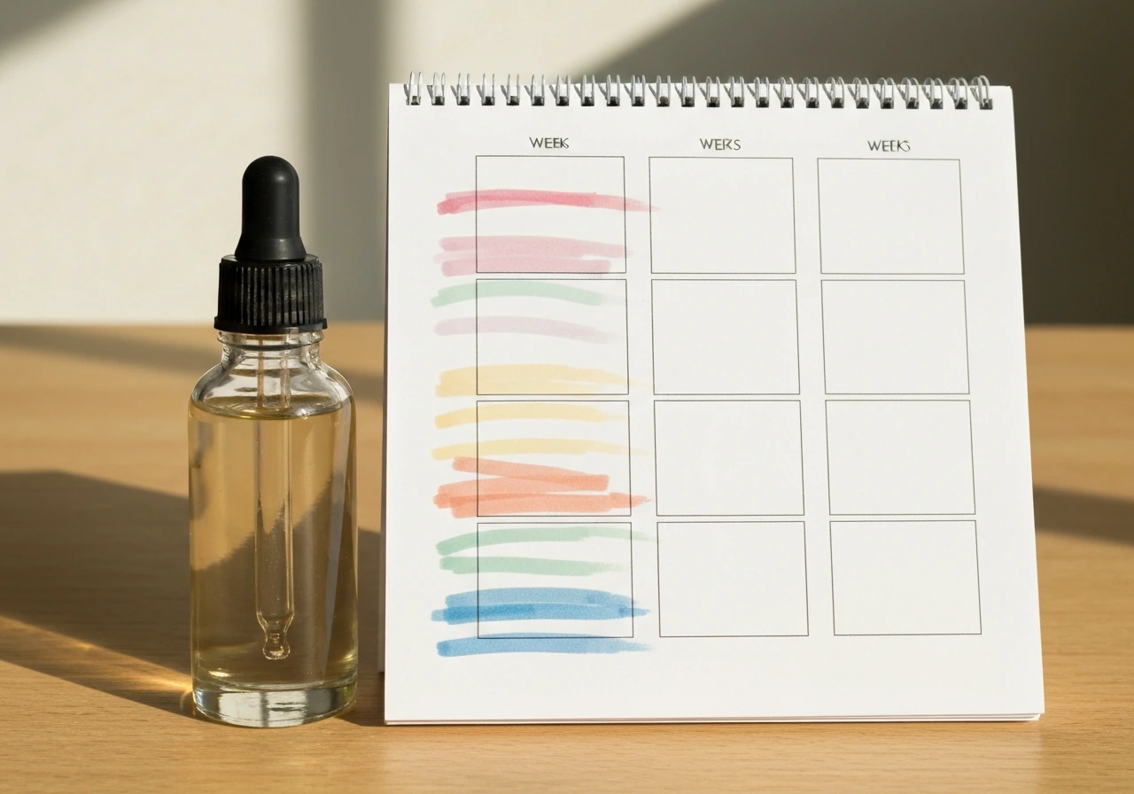 Minimal close-up of a small bottle of castor oil beside a simple calendar page with highlighted weeks, no text.