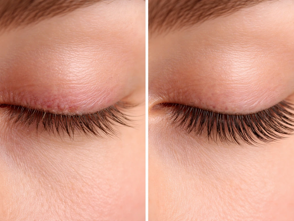 Split close-up of two anonymous lash bases: one irritated and thinned, one healthier and fuller.