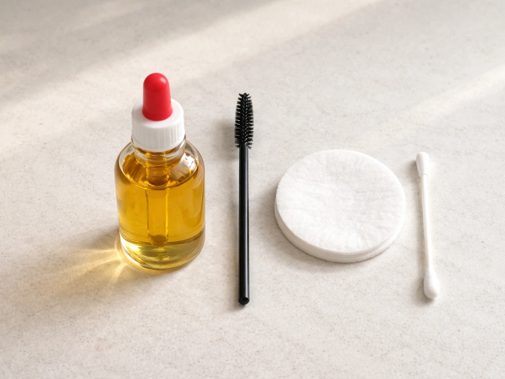 Flat lay of hexane-free castor oil, a clean mascara wand, and makeup remover tools on a clean surface.