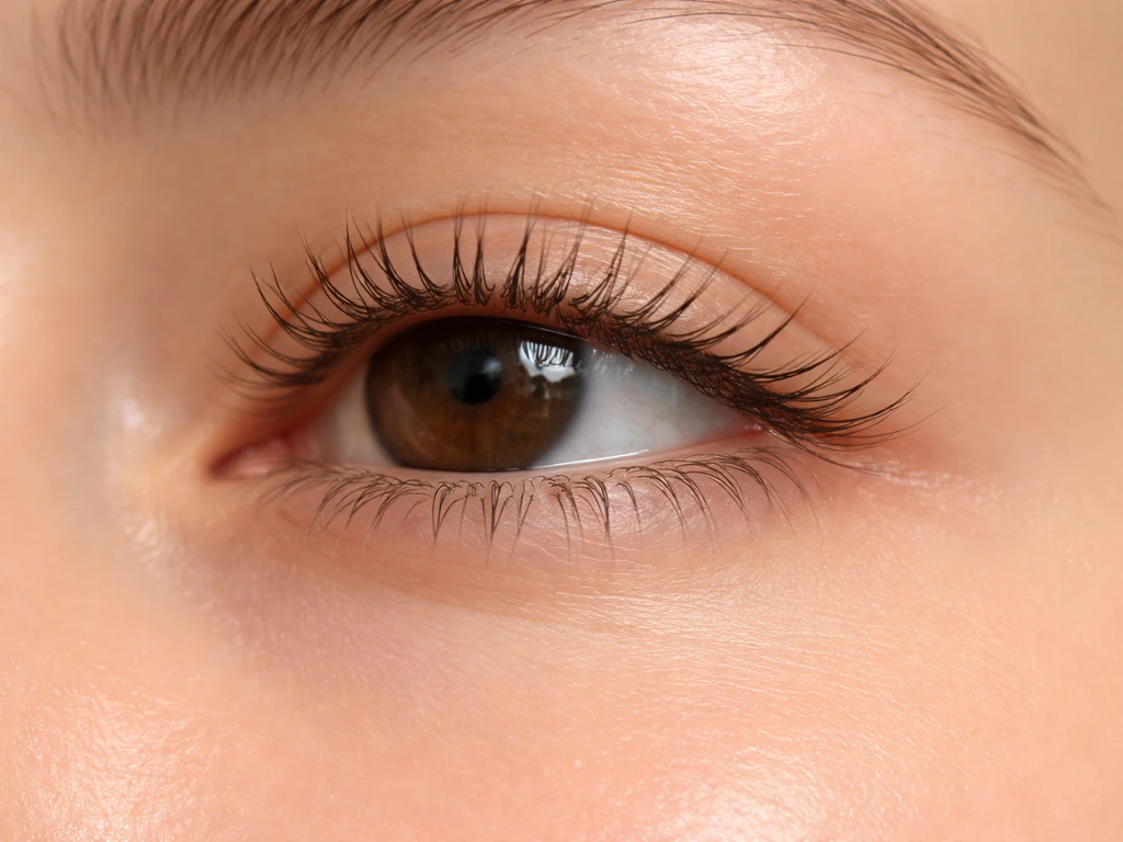 Close-up of healthy, natural eyelashes with a calm, clean beauty setting and soft natural light.