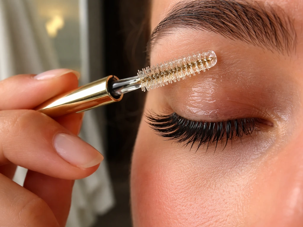 Close-up of a spoolie brushing oil through eyelashes from root to tip, lashes coated.