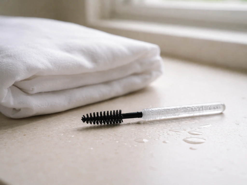 Freshly cleaned spoolie brush beside a neatly folded, clean pillowcase on a bathroom counter