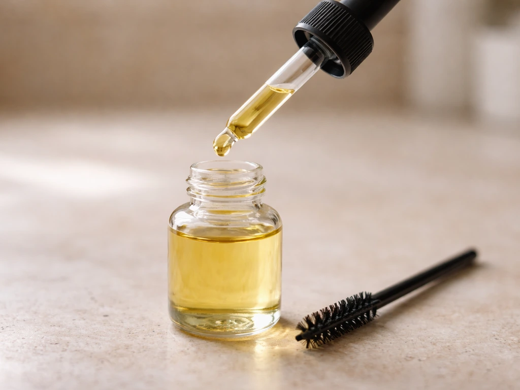 Castor oil dropper next to a small jar and spoolie for lash application on a clean countertop.