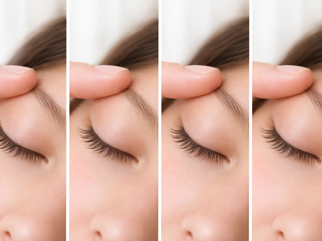 Set of staged close-up lash shots showing gradual longer lashes over weeks, natural texture, no text.