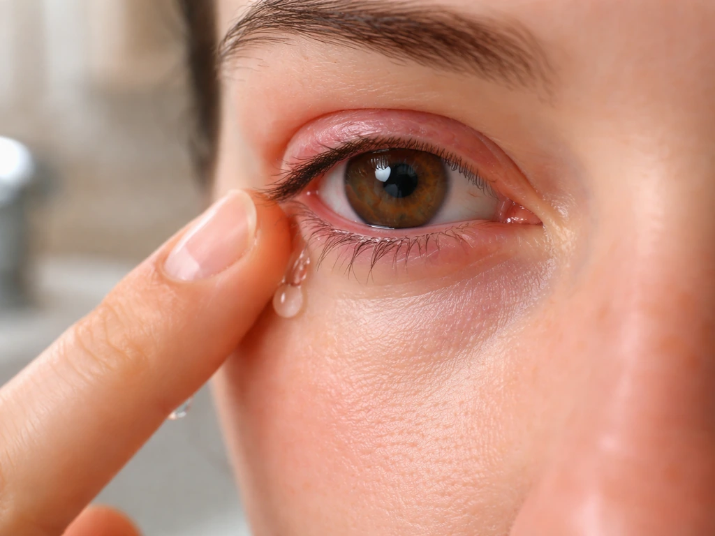 Close-up of a gently rinsed, red irritated eyelid with clear water near the inner corner.