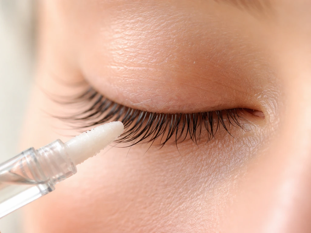 Close-up of the lash line with a small applicator near the eyelids, suggesting lash conditioning.