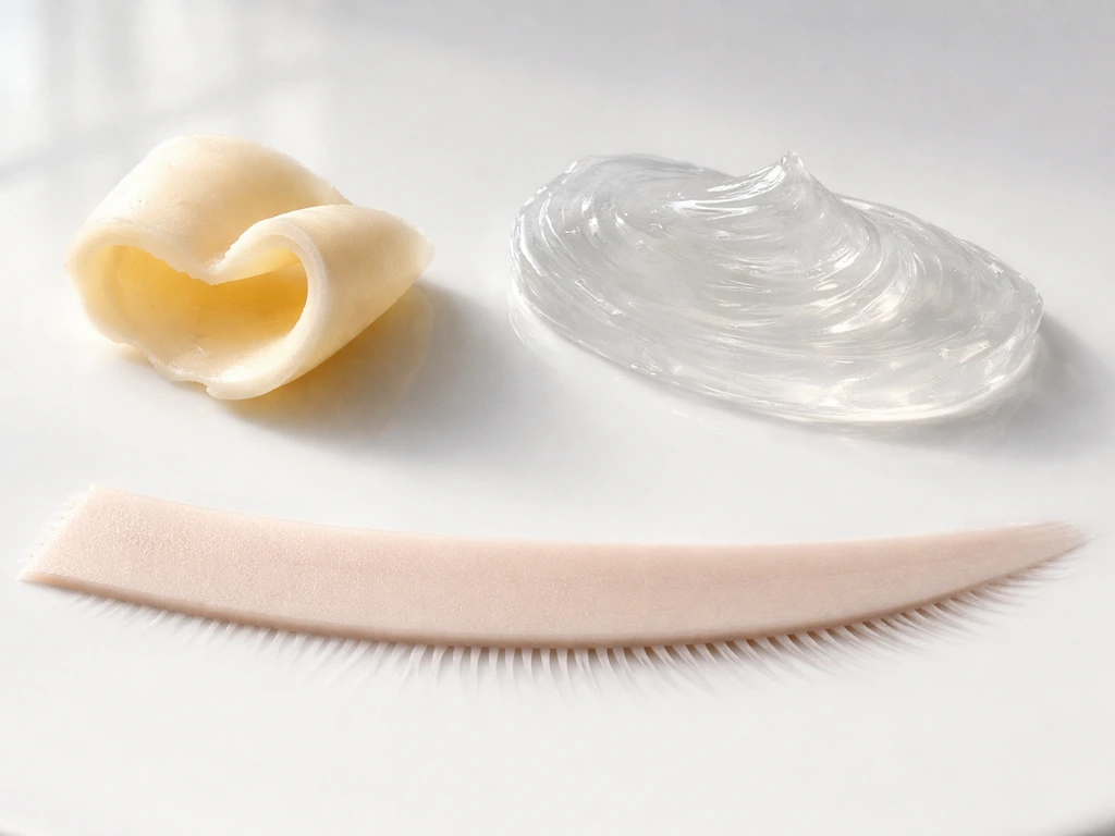 Cocoa butter and petroleum jelly textures beside a neutral lash-line silicone strip, suggesting barrier vs conditioning.