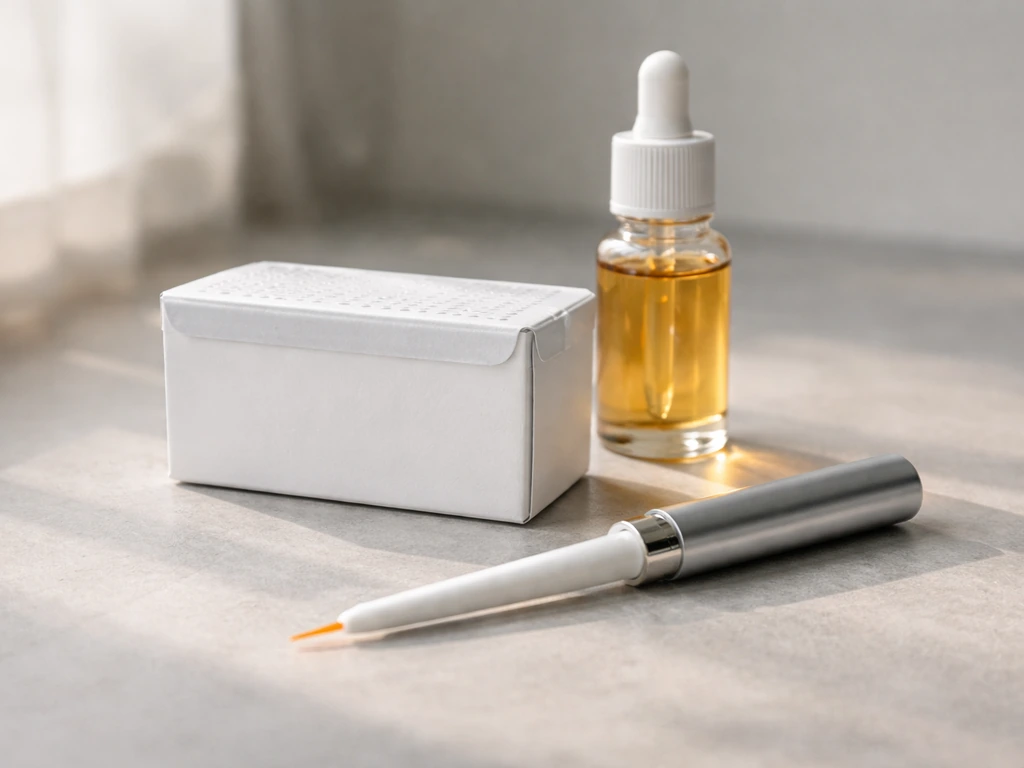 Close-up of a bimatoprost-style eyelash treatment kit with applicator in a clean medical setting