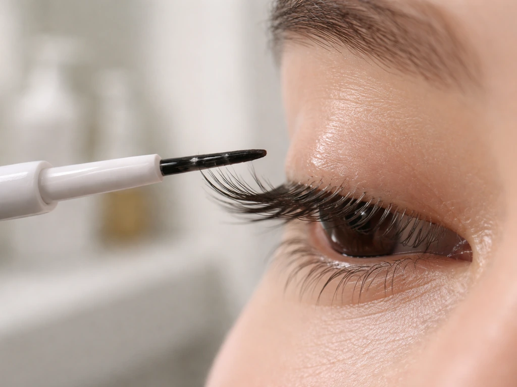 Close-up of a lash serum wand gliding along upper lashes in soft natural light.