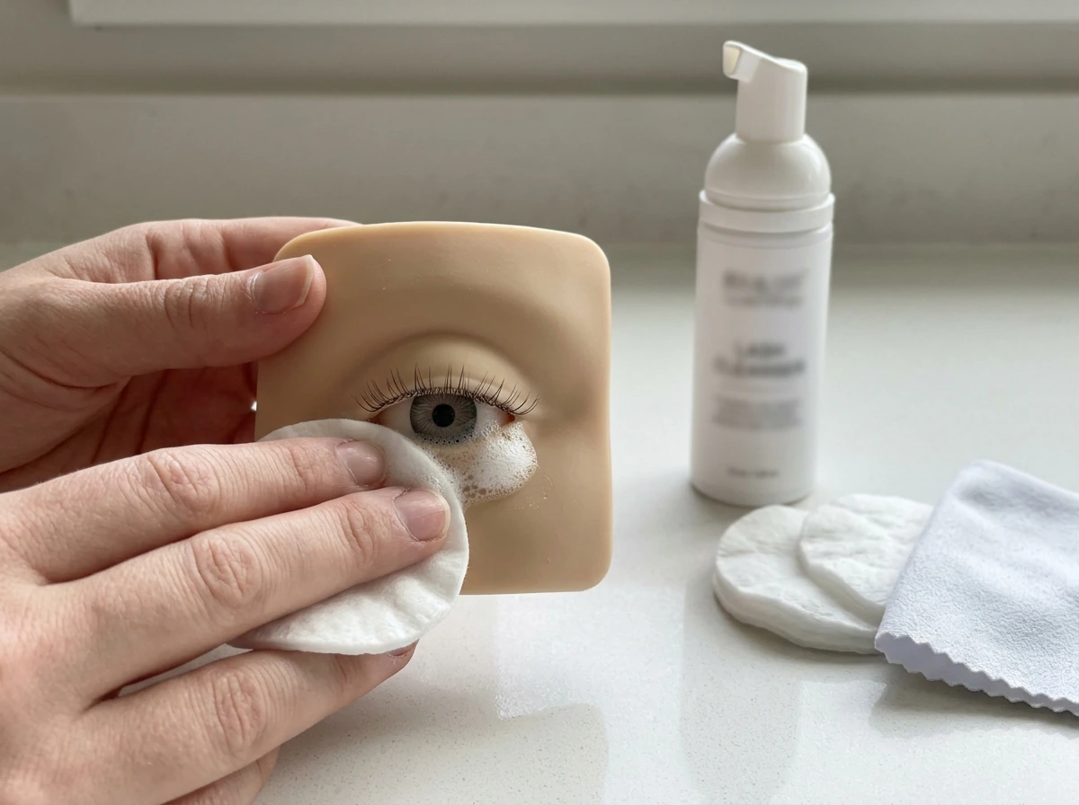 Gentle lid cleanser being applied along the lash line to support regrowth