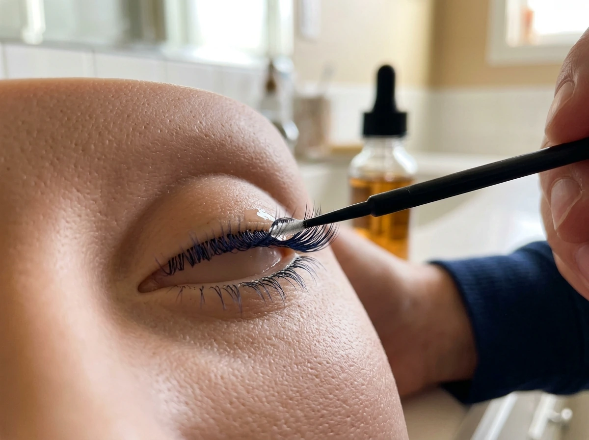 Micro-brush applying lash conditioning serum to the lash line