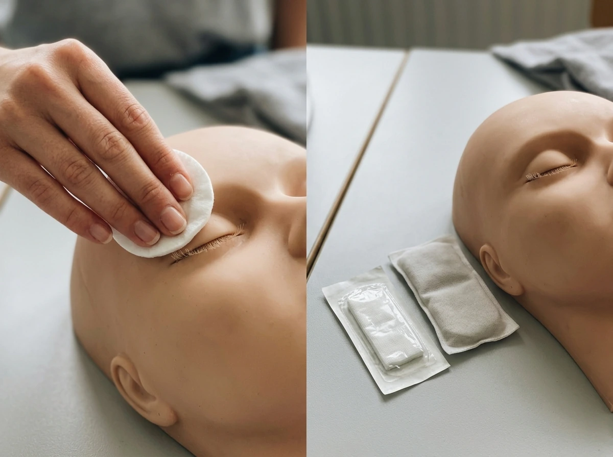 Shown mistake: hand rubbing near eyelid while alternative gentle tools sit ready