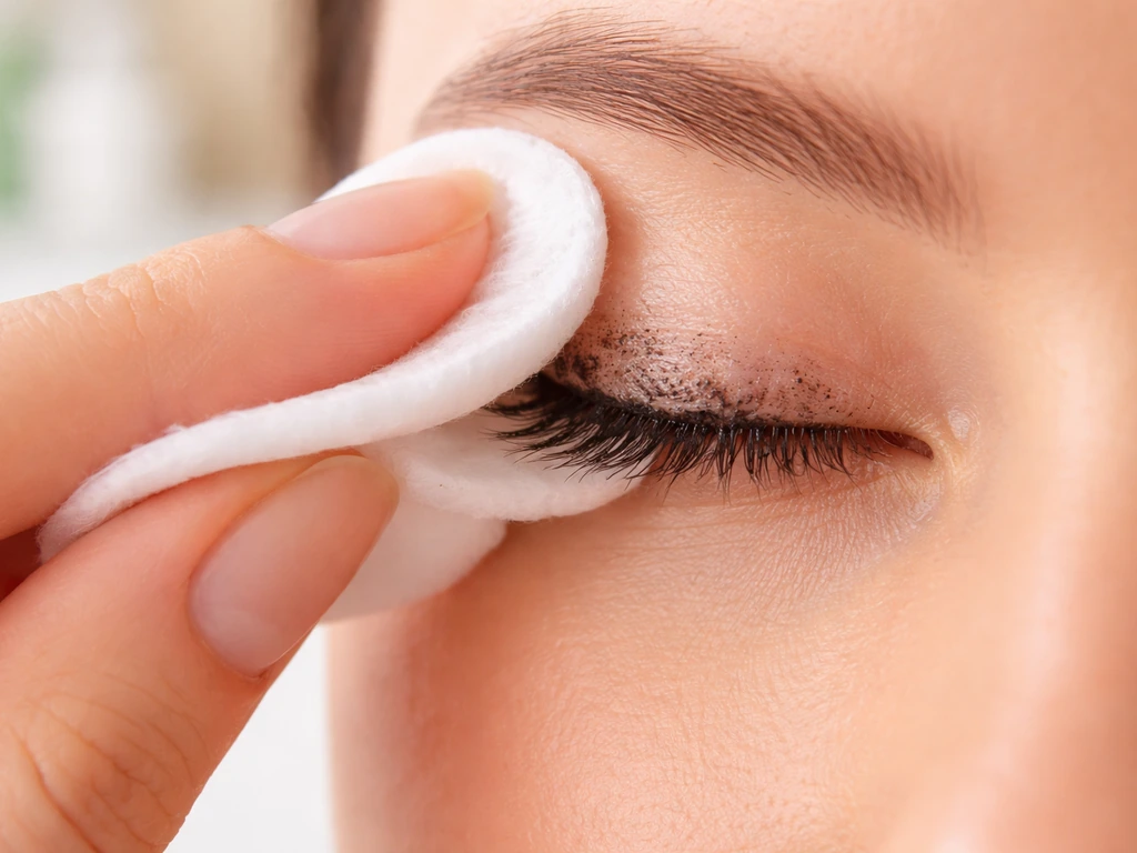 Close-up of cotton pad with micellar/oil remover dissolving mascara near lash line.