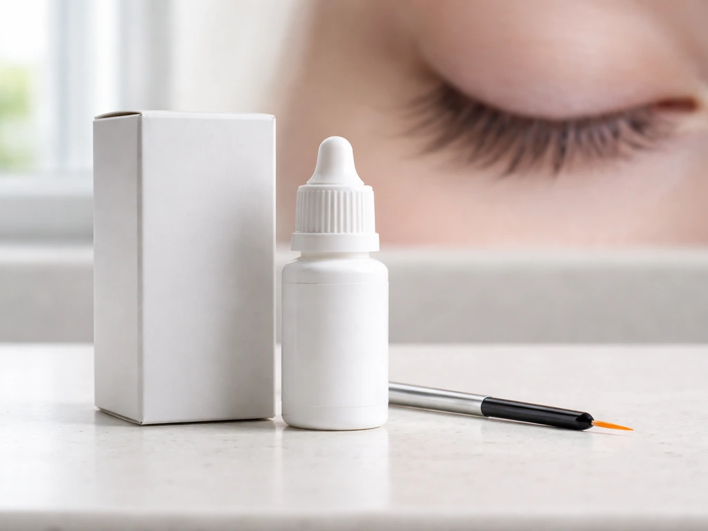 Prescription-style bimatoprost eyelash treatment packaging with a lash-line applicator on a clean countertop.