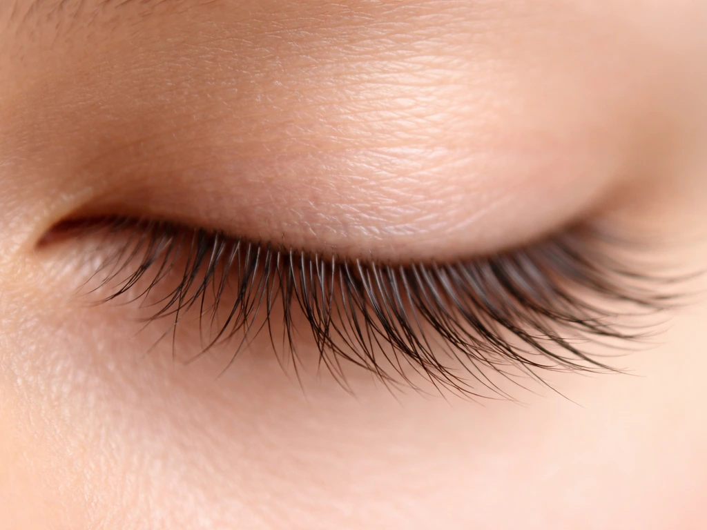 Macro close-up of natural upper eyelashes with visible texture and subtle sheen, blurred skin background.