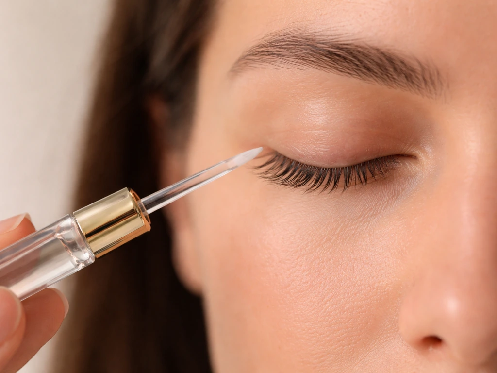 Close-up of a lash applicator tip aligned along the lash line beside a generic serum bottle.