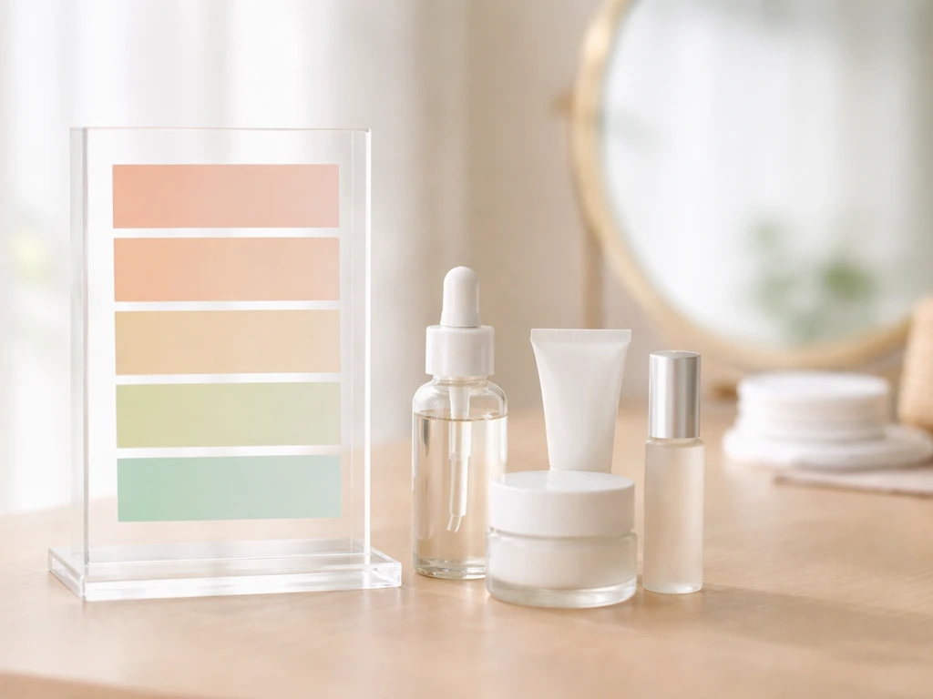 Vanity tabletop with unlabeled lash serums and a pastel evidence-gradient swatch card, no text.