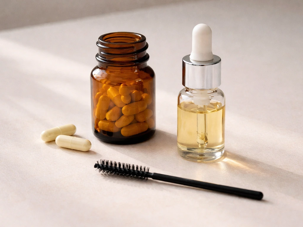 Biotin capsules and supplement bottle beside a clean lash spoolie and a dropper lash oil/serum.