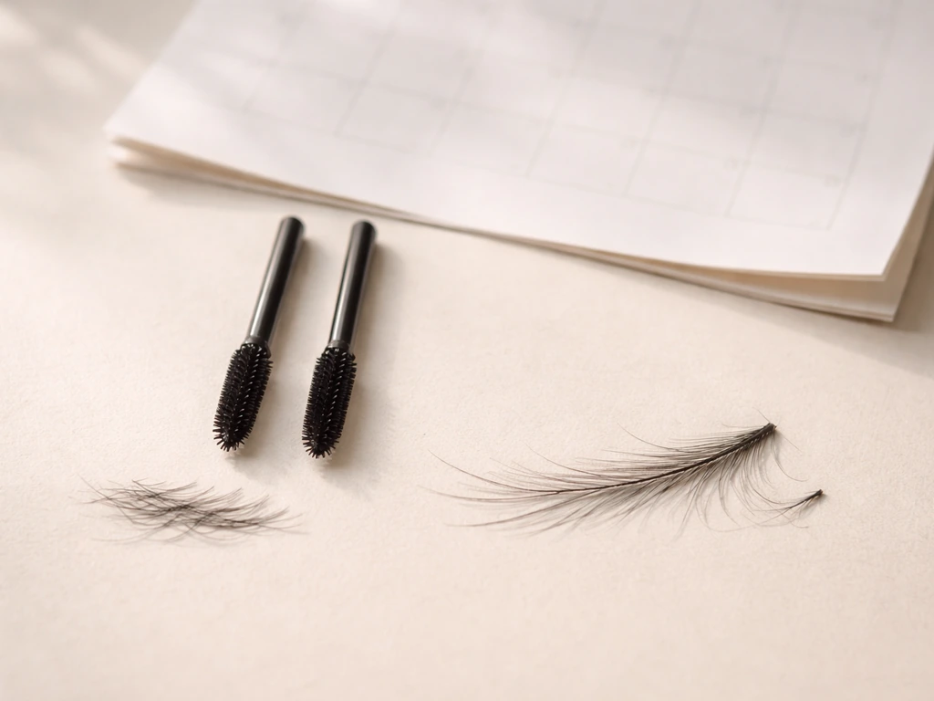 Minimal photo of two mascara wand brushes and separated lash-like fibers beside a simple calendar page