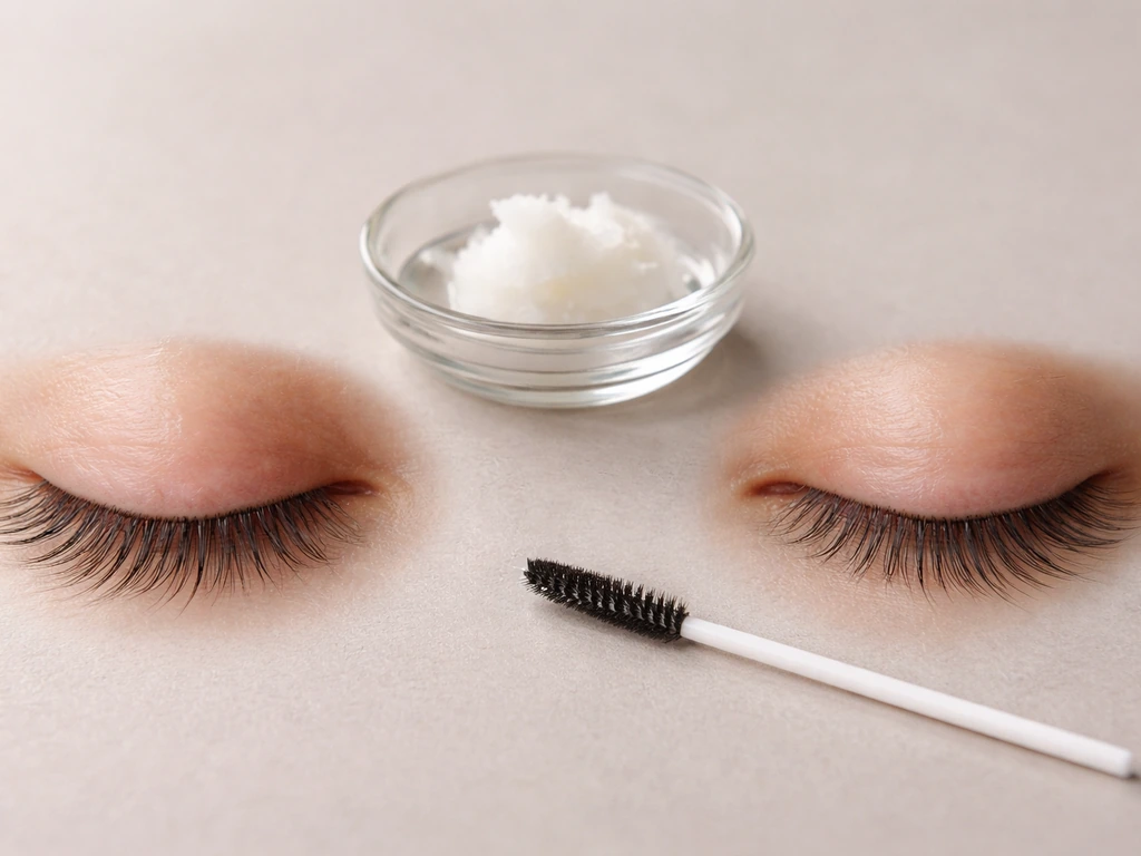 Softly lit close-up comparison of eyelashes with a small dish of coconut oil and a clean lash spoolie.