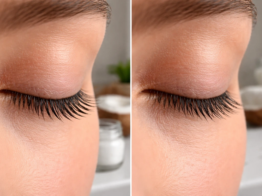 Close-up side-by-side eyelashes: coconut oil sheen on one, shorter baseline lashes on the other.