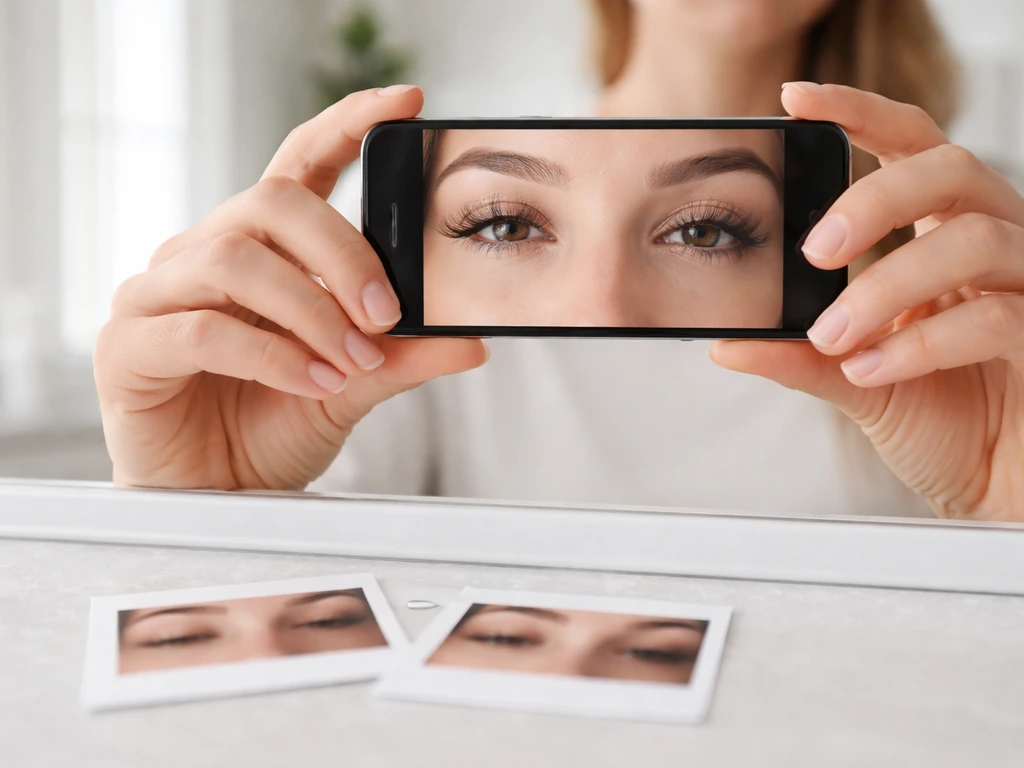Person holding a smartphone for a close-up lash progress photo in consistent bright lighting