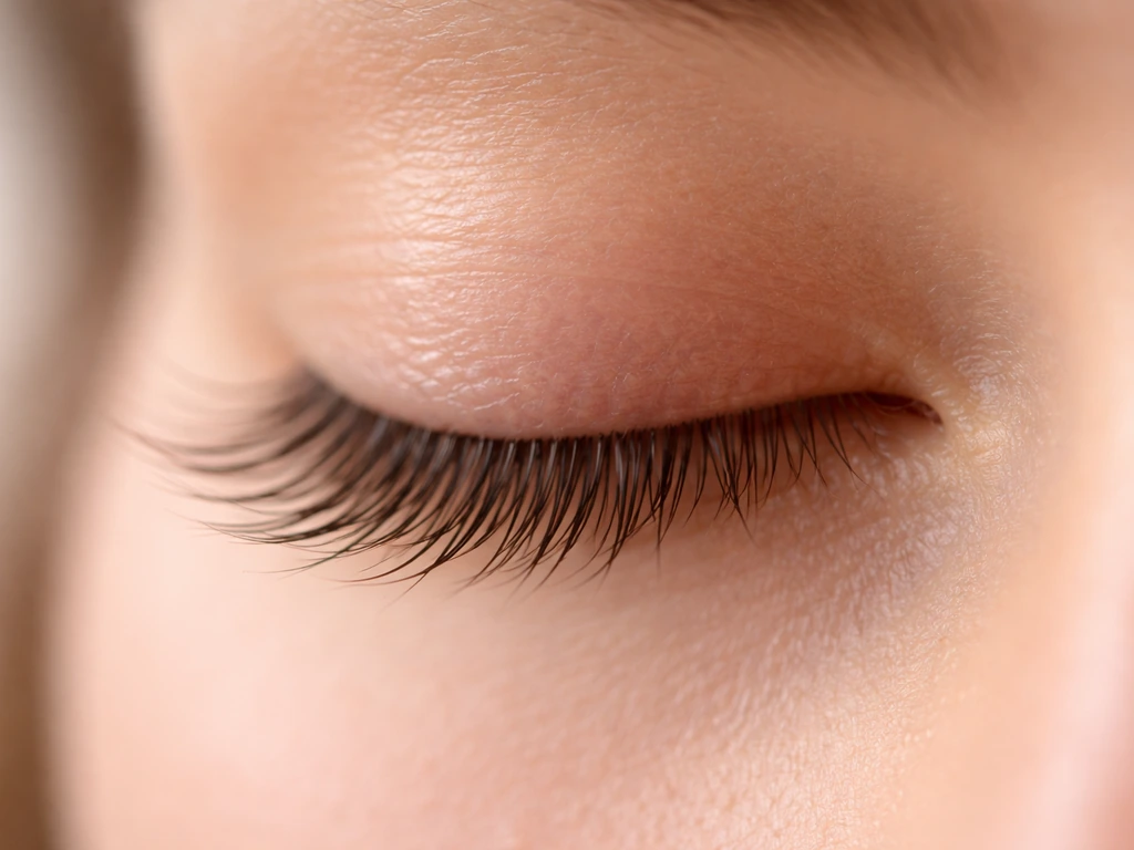 Macro close-up of a closed eye with sharp focus on the lash line, highlighting healthy eyelash growth.