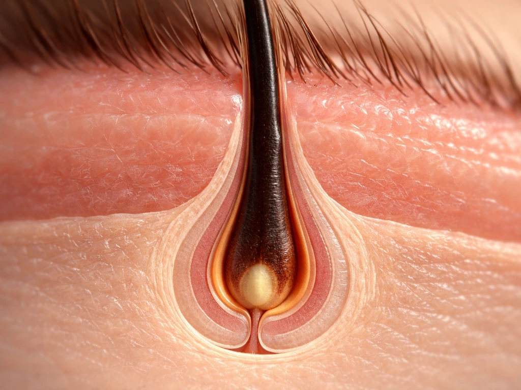 Macro cross-section view of an eyelash follicle with hair growth cycling layers, realistic and educational.