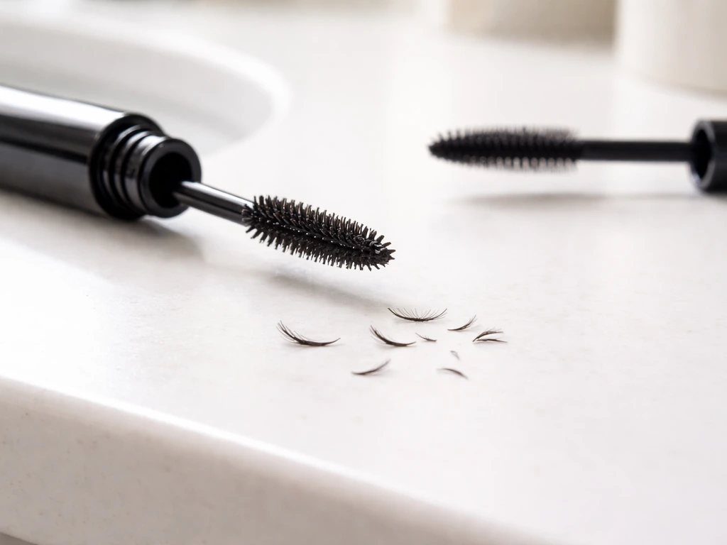 Snapped eyelash fragments on a countertop next to a stiff mascara wand and a softer wand.
