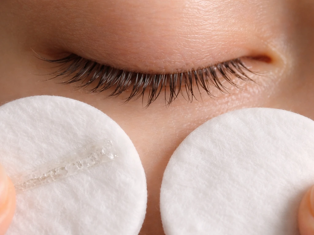 Macro close-up of eyelashes with clear lash adhesive residue and cotton pads for safe removal cues.