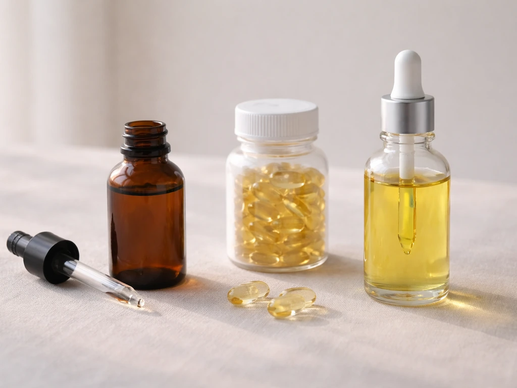 Minimal tabletop photo of an amber lash serum bottle, biotin capsules, and a dropper oil bottle on linen.